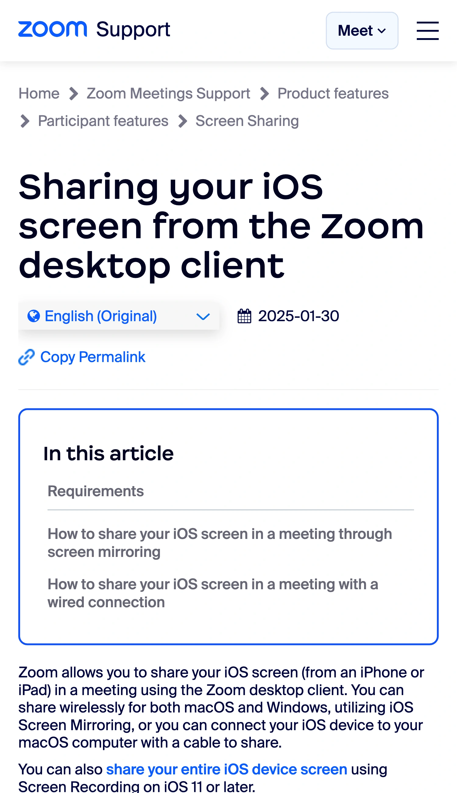 Zoom’s official support page explaining wireless and wired iPhone screen sharing from its desktop client