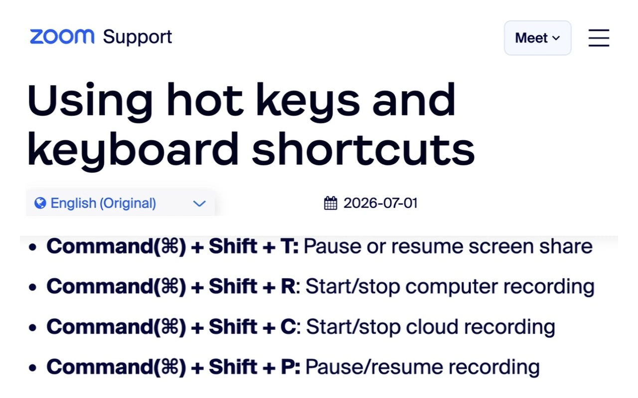 Zoom Support lists Command–Shift–T for pausing screen share, separately from recording shortcuts