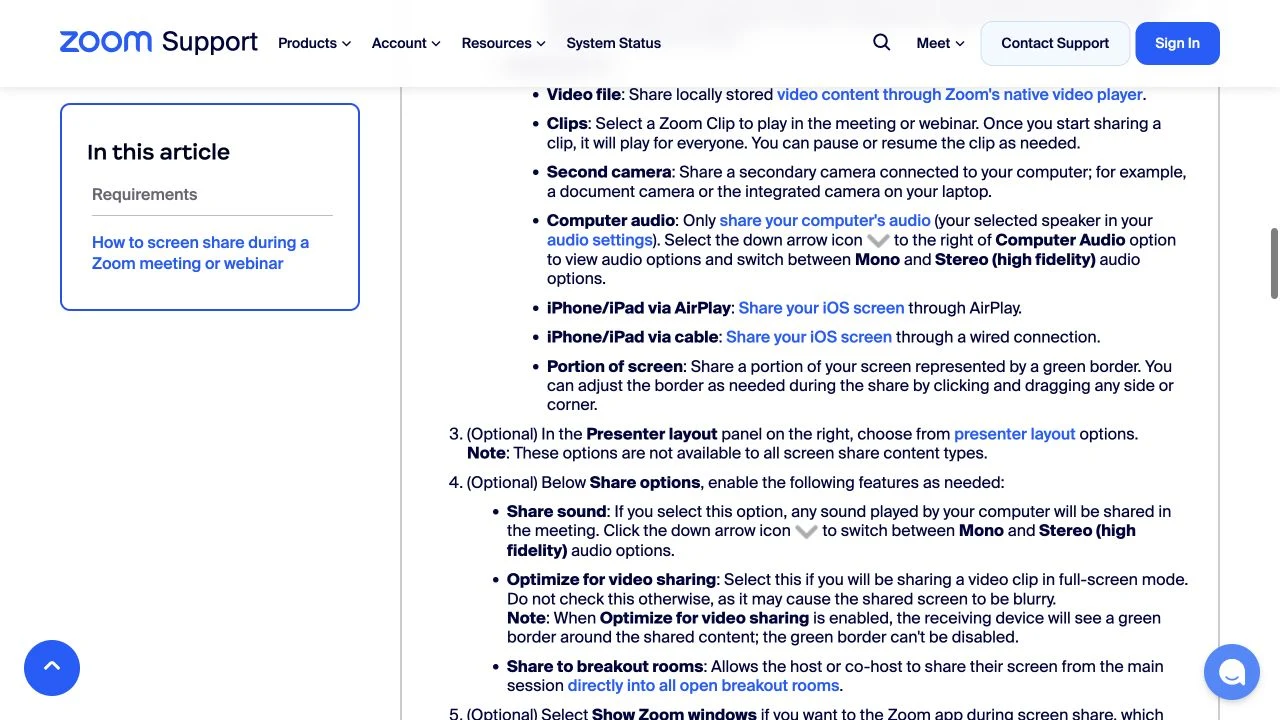Zoom Support showing the official Portion of screen sharing option